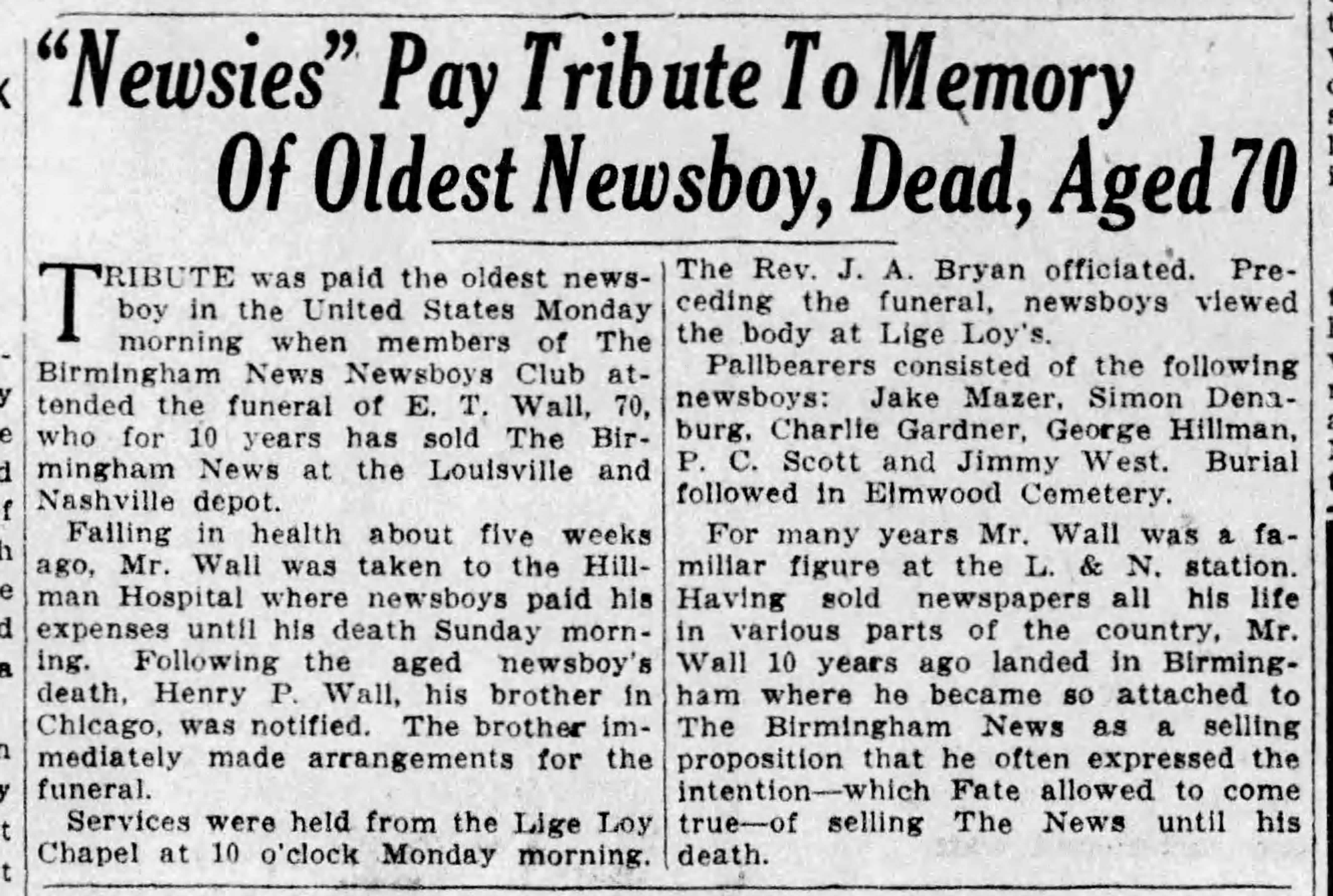 Newsies Pay Tribute To Memory of Oldest Newsboy, Dead at 70